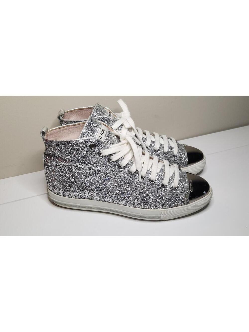 Miu Miu Silver Glitter High-Top Sneakers EU 38.5 US 8